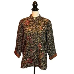 CHICO'S Quilted Jacket Black Floral Gold Red Sequin Embellished Size 1 S/M Asian